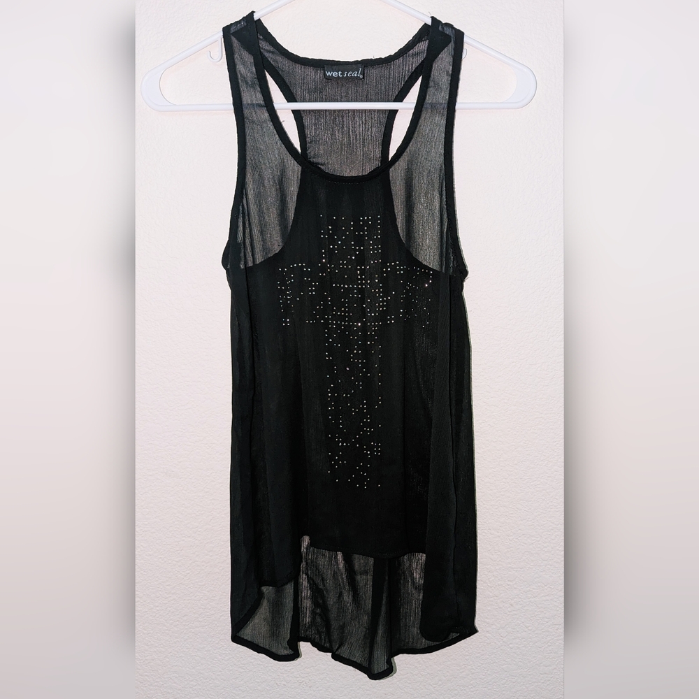 Size Medium Sheer Black Cross Studded Design Tank Top by "Wet Seal"